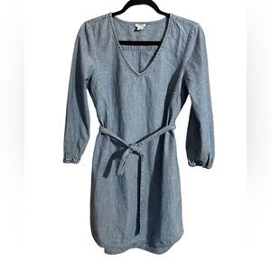 J. Crew Long Sleeve Denim V-Neck Dress with Tie Size Small. Knee Length